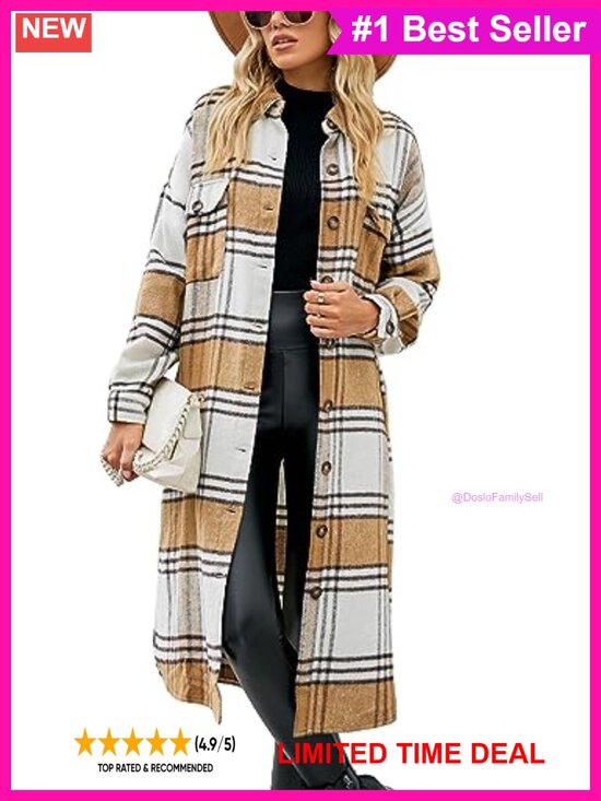 Jackets & Blazers - Women's Plaid Wool Blend Shacket Coat Button Up Flap Pockets Long Relaxed Fit